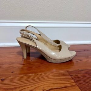 Nine West Nude Karoo Patent Leather Peep-Toe Slingback Heels